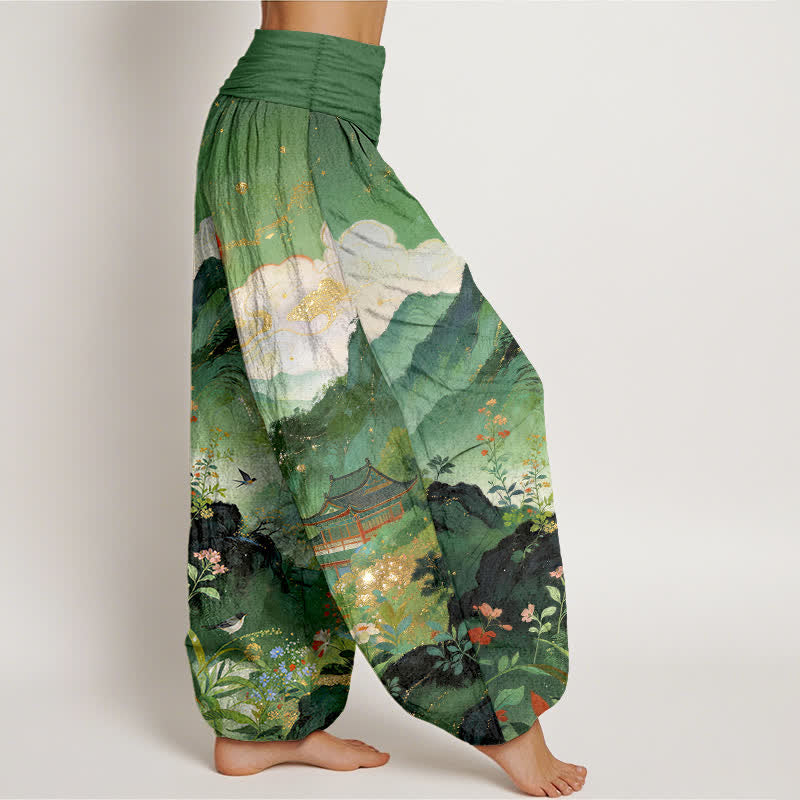 Buddha Stones Pantalones harem de cintura elástica para mujer con estampado de sol y diseño de pabellón de Cotton Mountain - image 1