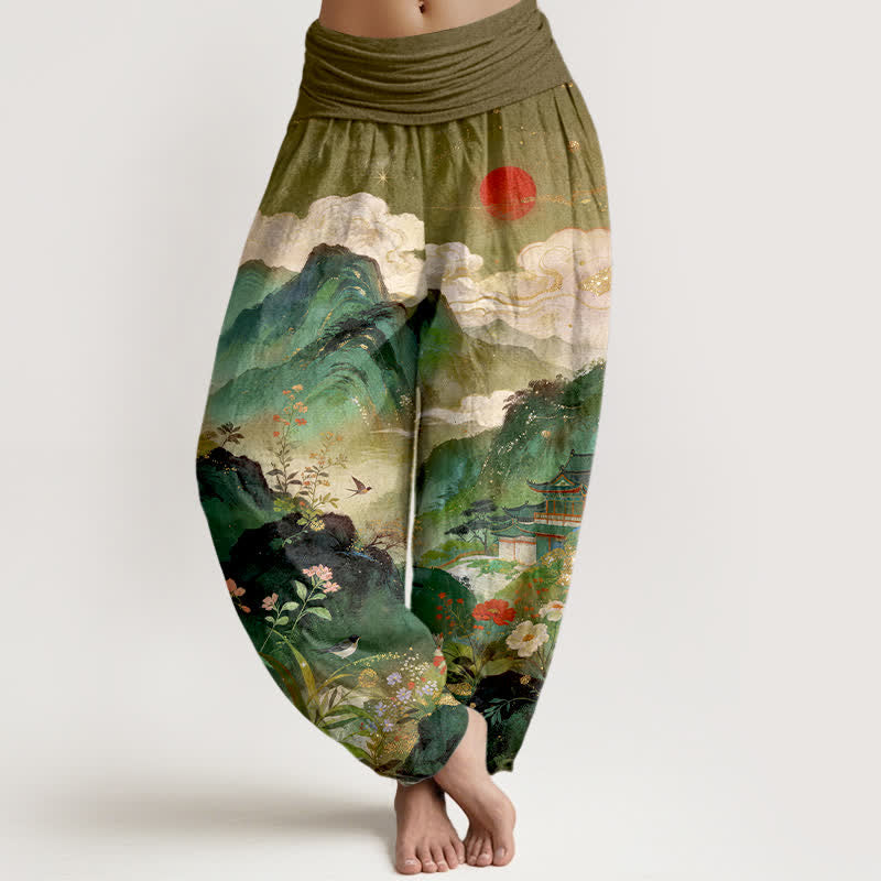 Buddha Stones Pantalones harem de cintura elástica para mujer con estampado de sol y diseño de pabellón de Cotton Mountain - Aceituna - US16，UK/AU20，EU48 (3XL) - image 5