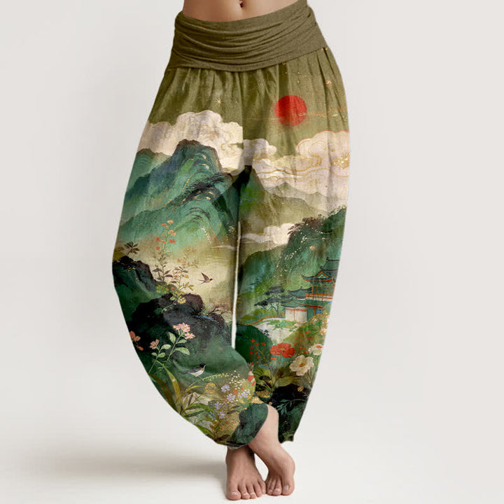 Buddha Stones Pantalones harem de cintura elástica para mujer con estampado de sol y diseño de pabellón de Cotton Mountain - Aceituna - US16，UK/AU20，EU48 (3XL) - image 5