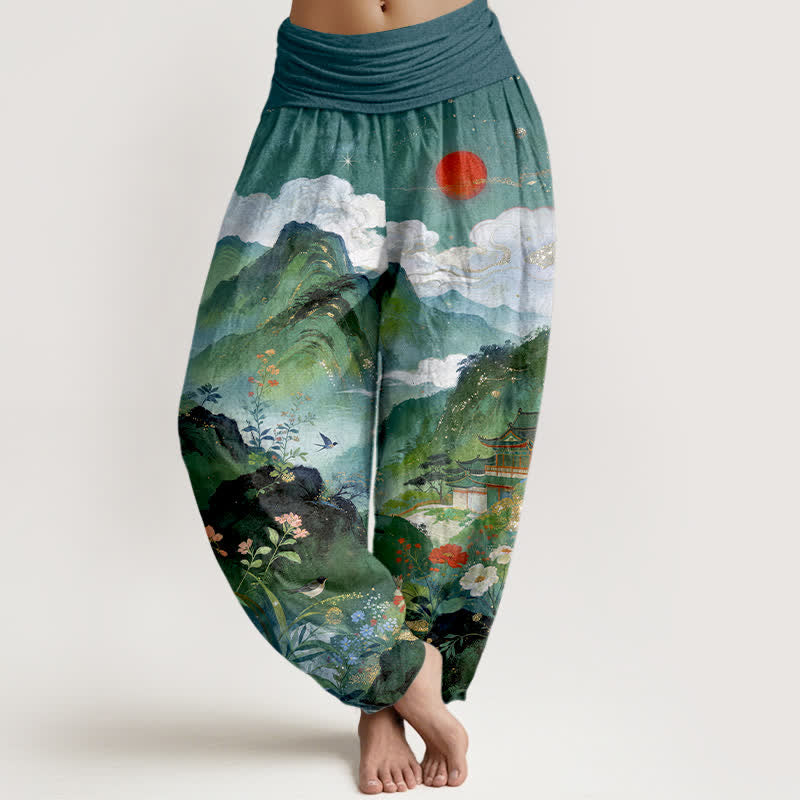 Buddha Stones Pantalones harem de cintura elástica para mujer con estampado de sol y diseño de pabellón de Cotton Mountain - Verde azulado - US16，UK/AU20，EU48 (3XL) - image 8