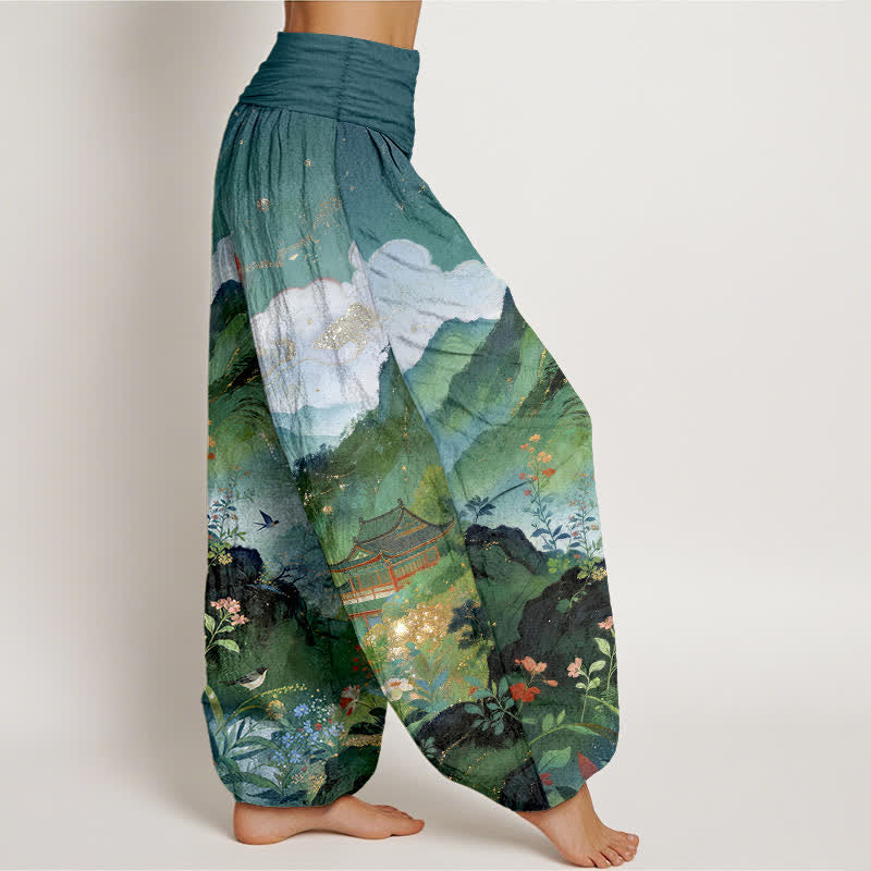 Buddha Stones Pantalones harem de cintura elástica para mujer con estampado de sol y diseño de pabellón de Cotton Mountain - image 9