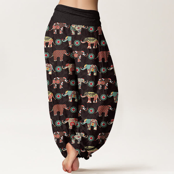 Buddha Stones Pantalones harem de mujer con cintura elástica y estampado de mandala de elefante de algodón - image 2