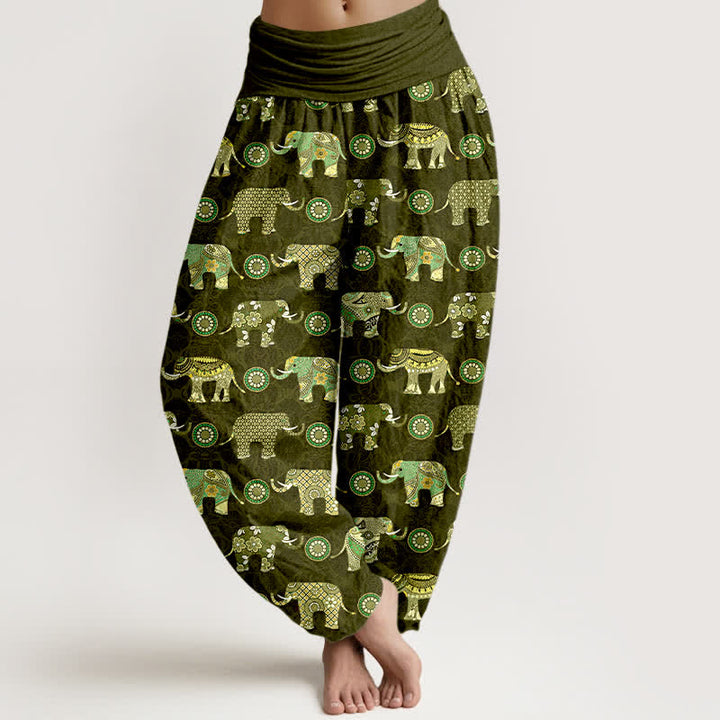 Buddha Stones Pantalones harem de mujer con cintura elástica y estampado de mandala de elefante de algodón - Verde oliva oscuro - US16，UK/AU20，EU48 (3XL) - image 5