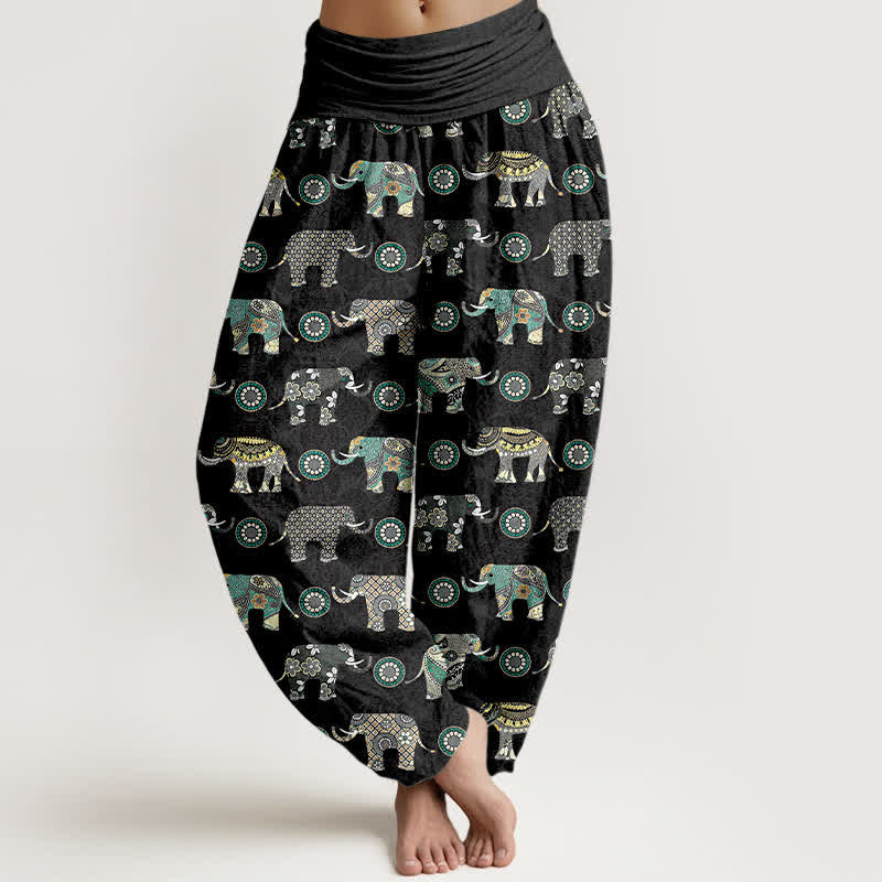 Buddha Stones Pantalones harem de mujer con cintura elástica y estampado de mandala de elefante de algodón - Gris pizarra - US16，UK/AU20，EU48 (3XL) - image 8