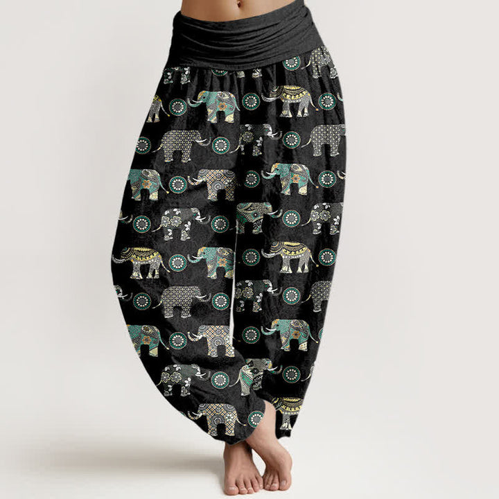 Buddha Stones Pantalones harem de mujer con cintura elástica y estampado de mandala de elefante de algodón - Gris pizarra - US16，UK/AU20，EU48 (3XL) - image 8