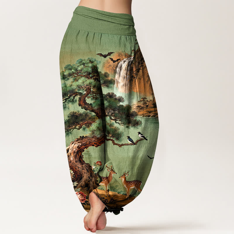 Buddha Stones Pantalones harem de cintura elástica para mujer con estampado de ciervos de Cotton Mountain Pine. - image 2