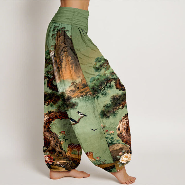 Buddha Stones Pantalones harem de cintura elástica para mujer con estampado de ciervos de Cotton Mountain Pine. - image 1