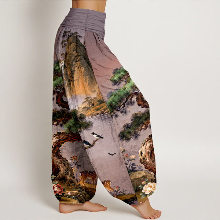 Buddha Stones Pantalones harem de cintura elástica para mujer con estampado de ciervos de Cotton Mountain Pine. - image 6