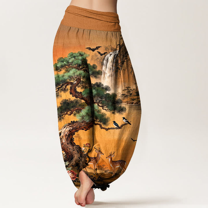 Buddha Stones Pantalones harem de cintura elástica para mujer con estampado de ciervos de Cotton Mountain Pine. - image 10