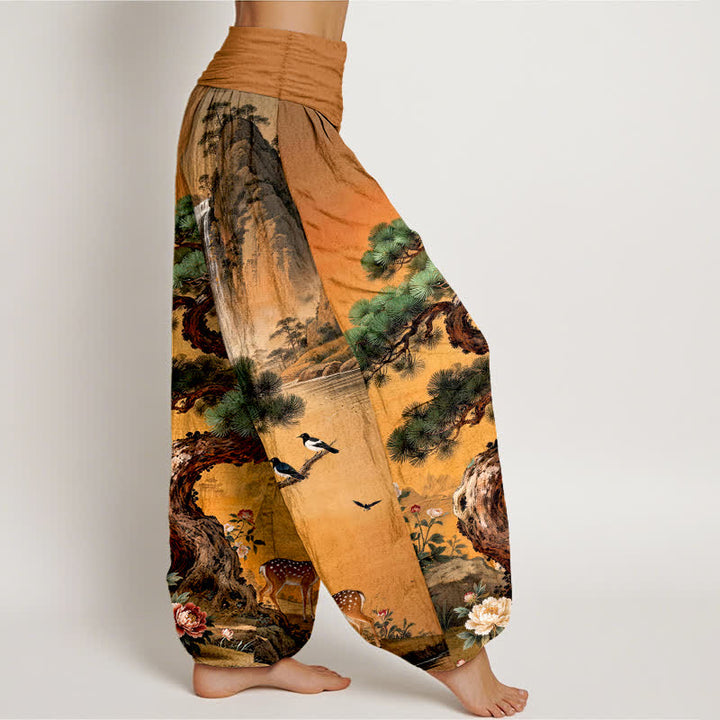 Buddha Stones Pantalones harem de cintura elástica para mujer con estampado de ciervos de Cotton Mountain Pine. - image 9