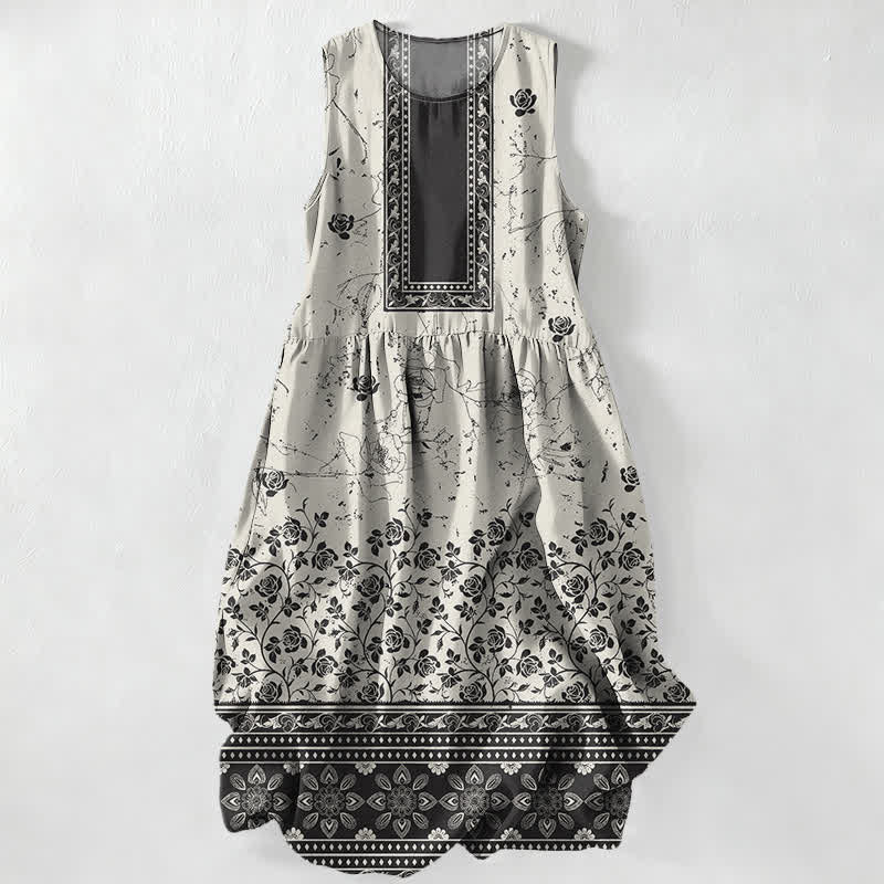Buddha Stones Vestido midi de verano informal vintage para mujer con estampado floral y borde, sin mangas y con bolsillos. - Marfil - US16，UK/AU20，EU48 (3XL) - image 0