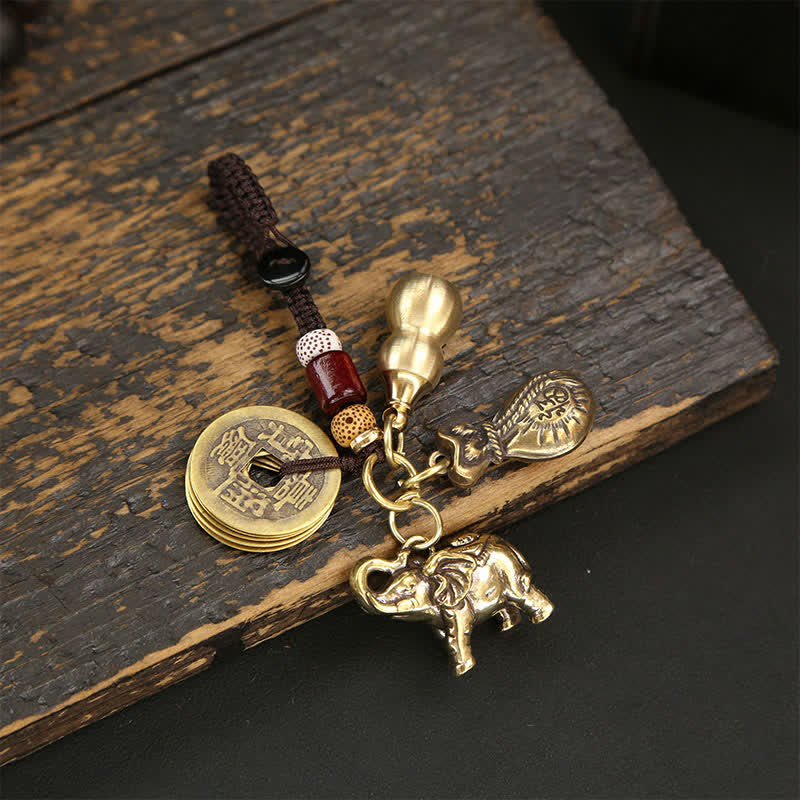 Buddha Stones Llaveros de sabiduría Pi Xiu con forma de elefante de latón y cinco monedas del emperador. - Monedas Bolsa de dinero Calabaza - image 1