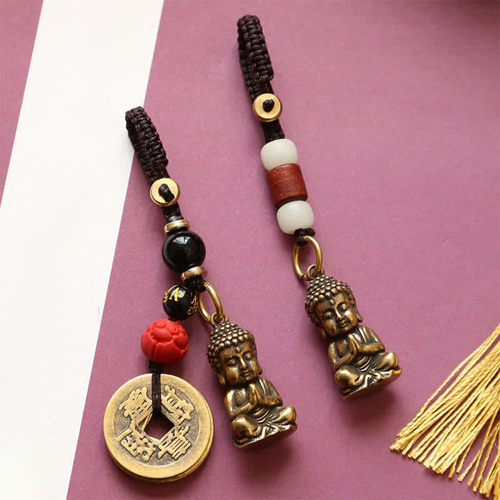 Buddha Stones Llaveros de latón con forma de Buda, cinco monedas de emperador y cordón trenzado, símbolo de la compasión. - image 17