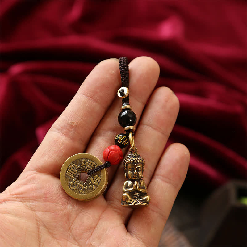 Buddha Stones Llaveros de latón con forma de Buda, cinco monedas de emperador y cordón trenzado, símbolo de la compasión. - image 15