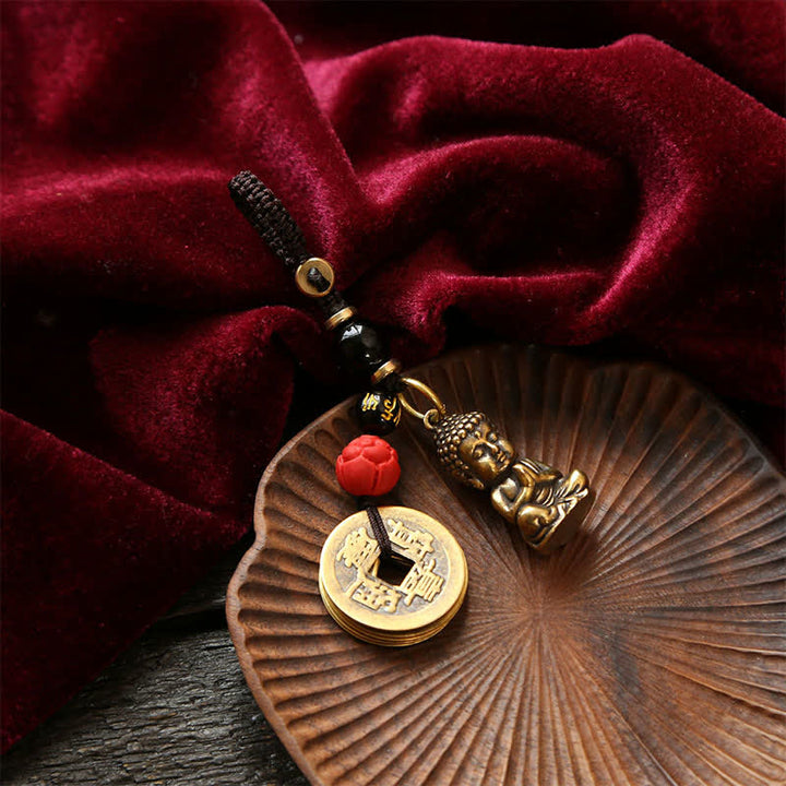 Buddha Stones Llaveros de latón con forma de Buda, cinco monedas de emperador y cordón trenzado, símbolo de la compasión. - image 14