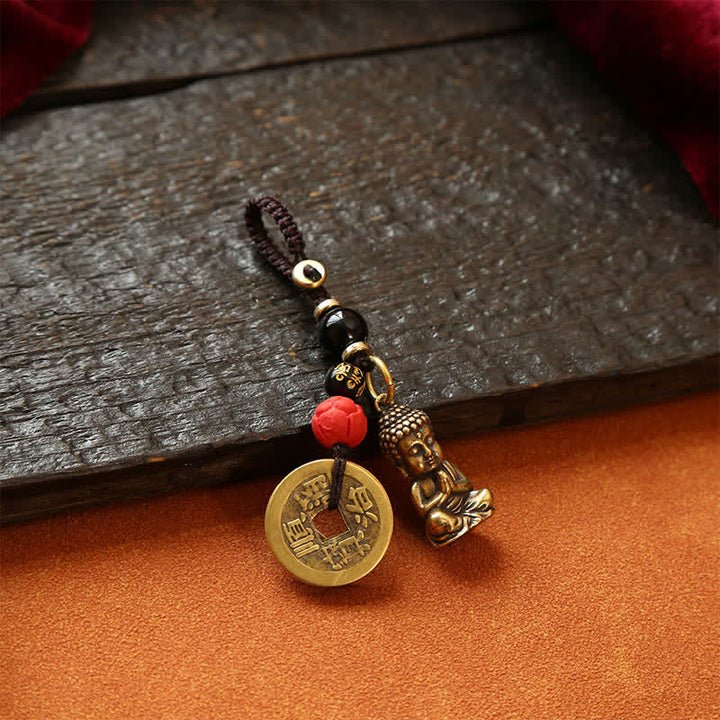 Buddha Stones Llaveros de latón con forma de Buda, cinco monedas de emperador y cordón trenzado, símbolo de la compasión. - image 10