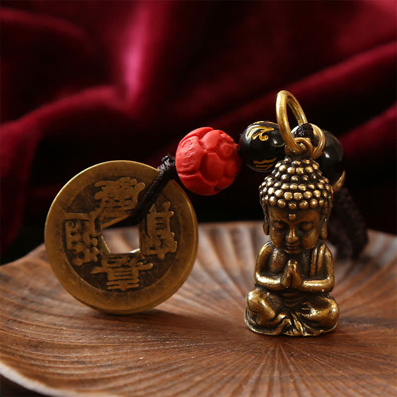 Buddha Stones Llaveros de latón con forma de Buda, cinco monedas de emperador y cordón trenzado, símbolo de la compasión. - image 12