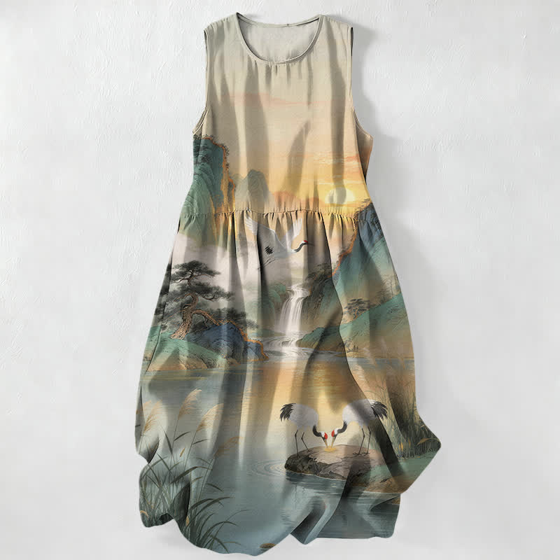 Buddha Stones Vestido midi de verano informal para mujer con estampado de paisaje de cascada y grullas, sin mangas y con bolsillos. - Gainsboro - US16，UK/AU20，EU48 (3XL) - image 0