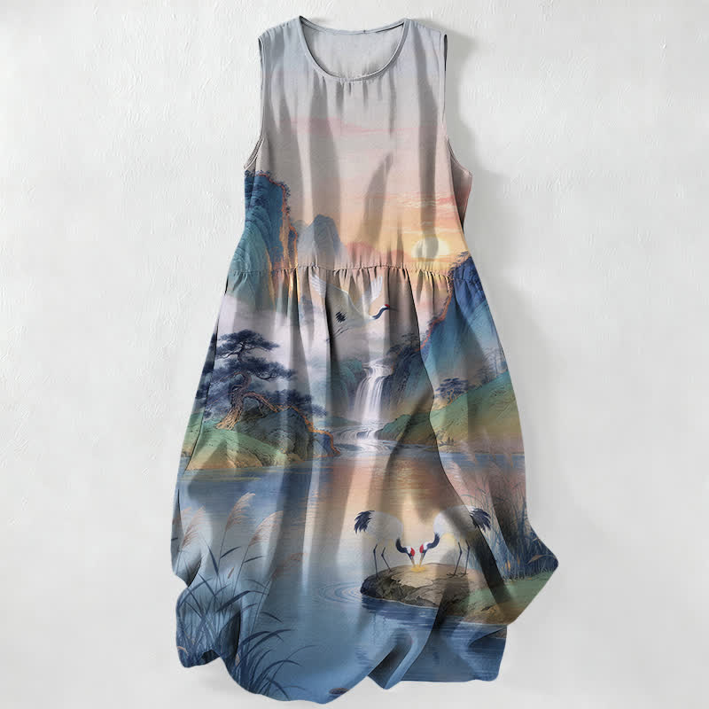 Buddha Stones Vestido midi de verano informal para mujer con estampado de paisaje de cascada y grullas, sin mangas y con bolsillos. - Azul acero claro - US16，UK/AU20，EU48 (3XL) - image 4