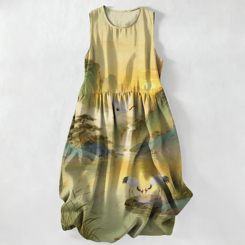 Buddha Stones Vestido midi de verano informal para mujer con estampado de paisaje de cascada y grullas, sin mangas y con bolsillos. - Caqui - US16，UK/AU20，EU48 (3XL) - image 5