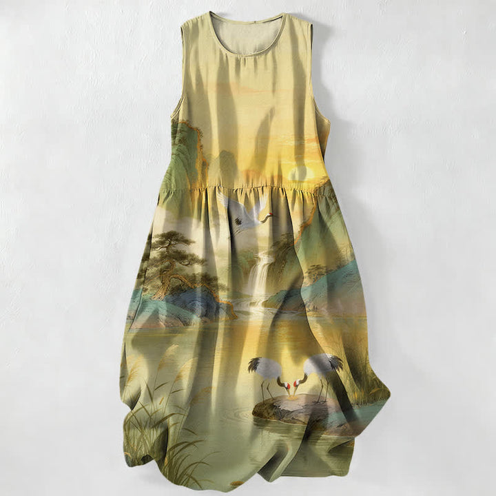 Buddha Stones Vestido midi de verano informal para mujer con estampado de paisaje de cascada y grullas, sin mangas y con bolsillos. - Caqui - US16，UK/AU20，EU48 (3XL) - image 5