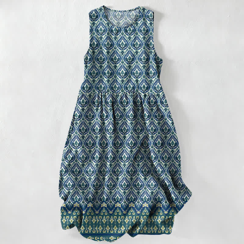 Buddha Stones Vestido midi de verano informal bohemio con estampado geométrico Ikat para mujer, sin mangas y con bolsillos. - Azul acero - US16，UK/AU20，EU48 (3XL) - image 4