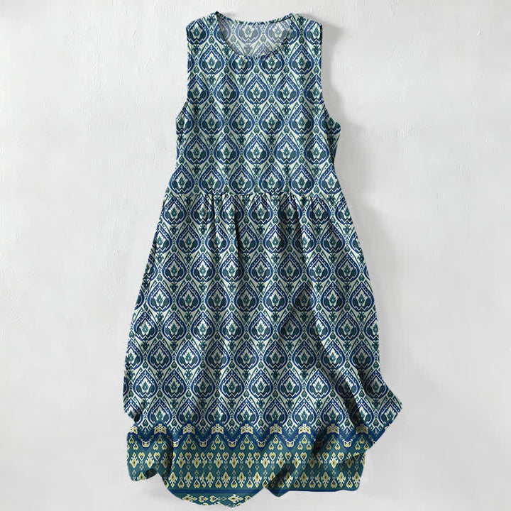 Buddha Stones Vestido midi de verano informal bohemio con estampado geométrico Ikat para mujer, sin mangas y con bolsillos. - Azul acero - US16，UK/AU20，EU48 (3XL) - image 4