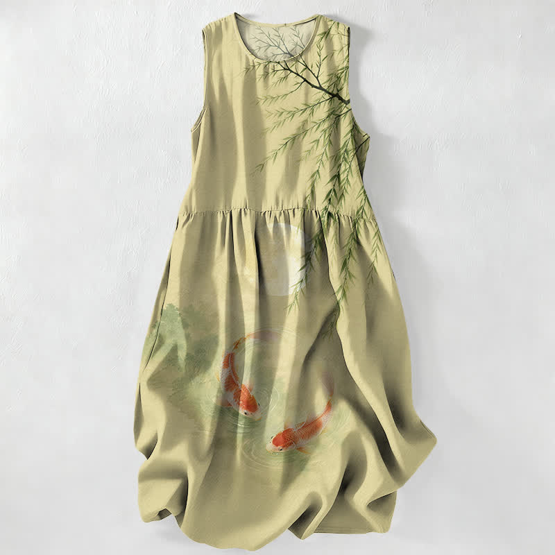 Buddha Stones Vestido midi de verano informal para mujer con estampado de koi y sauce, sin mangas y con bolsillos. - Verde amarillento - US16，UK/AU20，EU48 (3XL) - image 4
