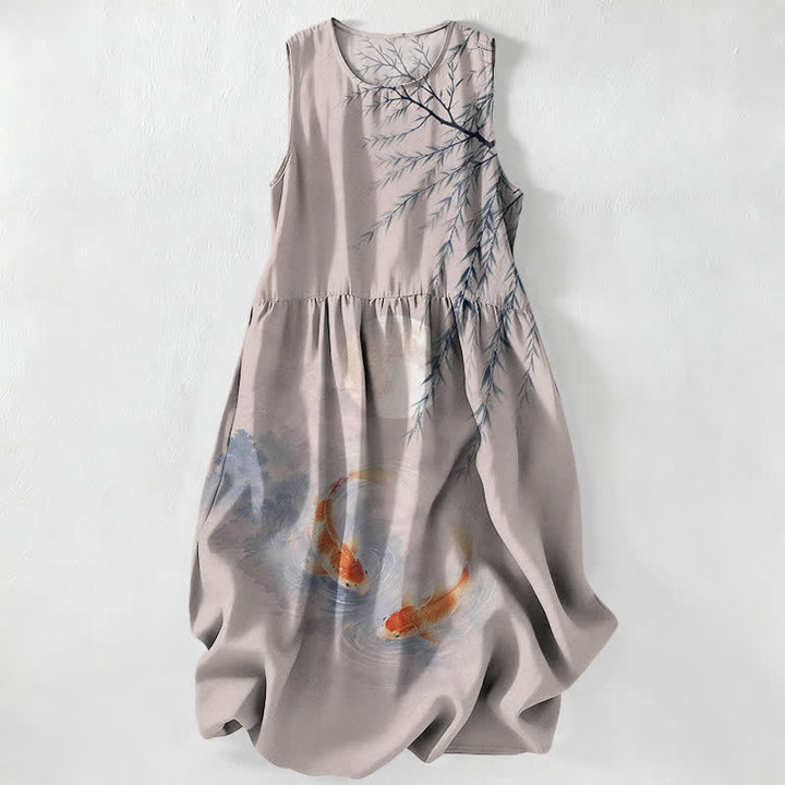 Buddha Stones Vestido midi de verano informal para mujer con estampado de koi y sauce, sin mangas y con bolsillos. - Gainsboro - US16，UK/AU20，EU48 (3XL) - image 5
