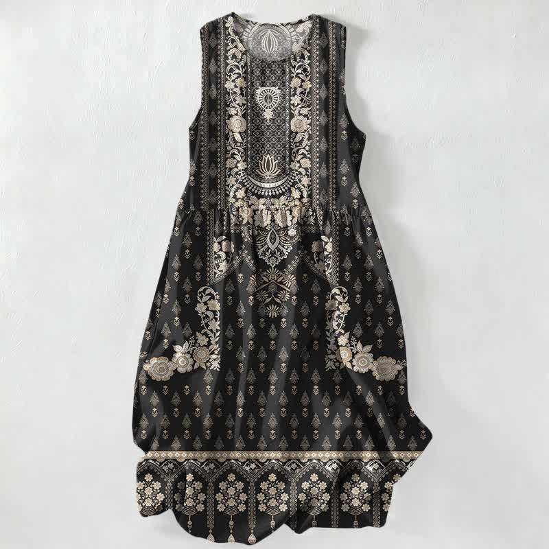 Buddha Stones Vestido midi de verano informal estilo bohemio étnico con estampado de medallón y bolsillos para mujer. - Negro - US16，UK/AU20，EU48 (3XL) - image 0