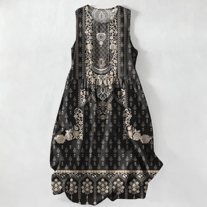 Buddha Stones Vestido midi de verano informal estilo bohemio étnico con estampado de medallón y bolsillos para mujer. - Negro - US16，UK/AU20，EU48 (3XL) - image 0