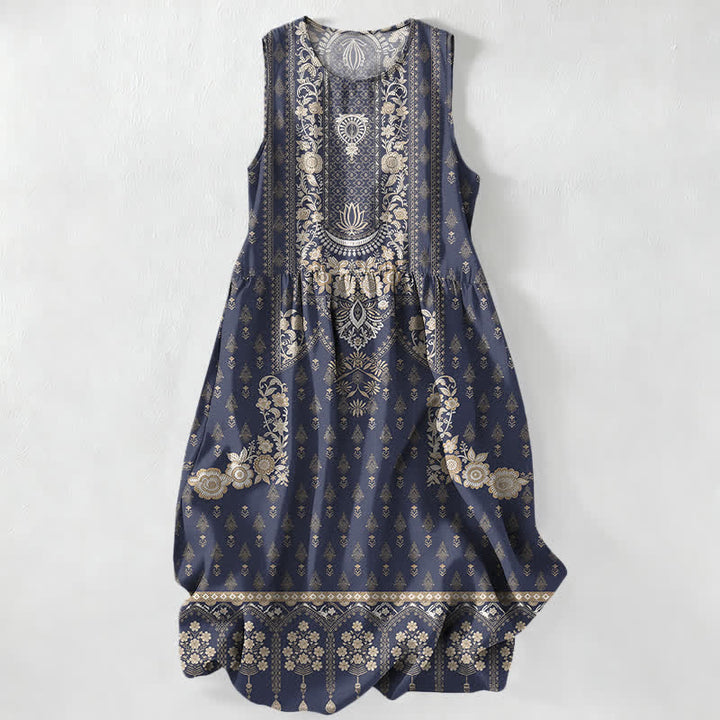 Buddha Stones Vestido midi de verano informal estilo bohemio étnico con estampado de medallón y bolsillos para mujer. - Marina de guerra - US16，UK/AU20，EU48 (3XL) - image 5