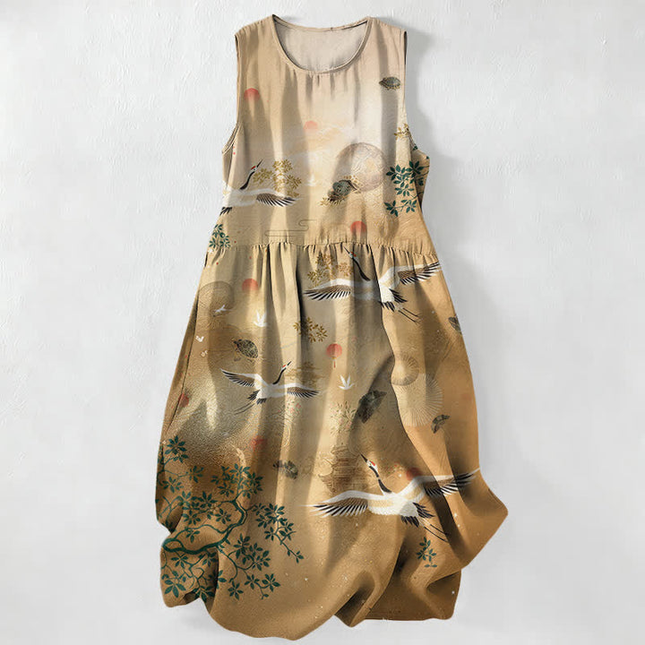 Buddha Stones Vestido midi de verano informal para mujer con estampado botánico de grullas y sol, sin mangas y con bolsillos. - BurlyWood - US16，UK/AU20，EU48 (3XL) - image 0