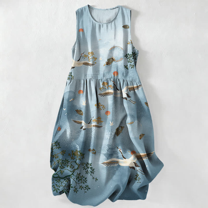 Buddha Stones Vestido midi de verano informal para mujer con estampado botánico de grullas y sol, sin mangas y con bolsillos. - Azul claro - US16，UK/AU20，EU48 (3XL) - image 4
