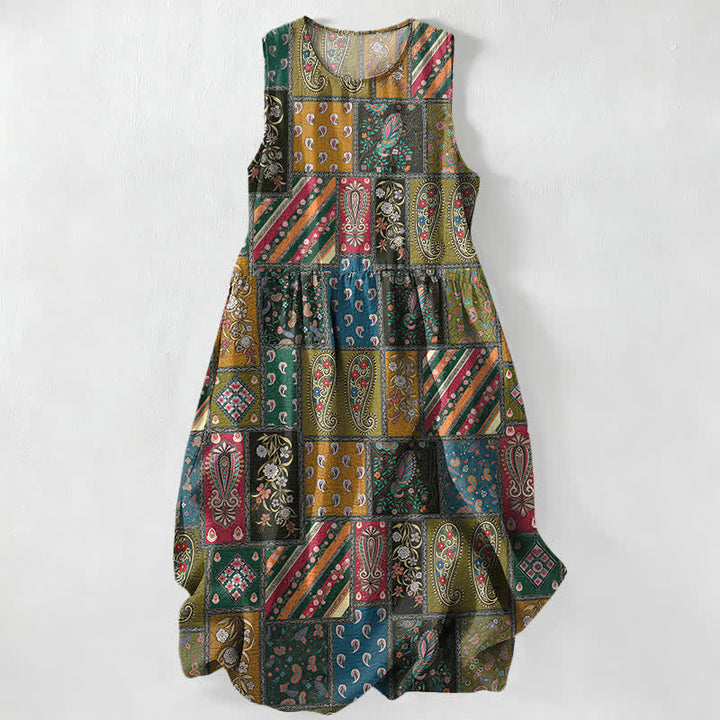 Buddha Stones Vestido midi de verano informal para mujer, color verde oliva, con estampado floral paisley y patchwork, sin mangas y con bolsillos. - Verde oliva - US16，UK/AU20，EU48 (3XL) - image 0