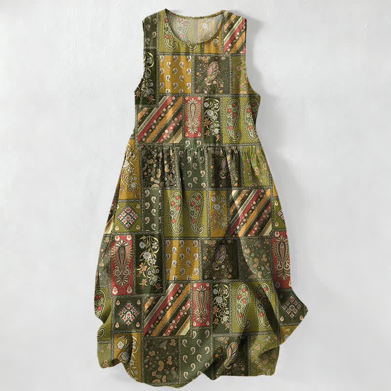 Buddha Stones Vestido midi de verano informal para mujer, color verde oliva, con estampado floral paisley y patchwork, sin mangas y con bolsillos. - Caqui oscuro - US16，UK/AU20，EU48 (3XL) - image 4