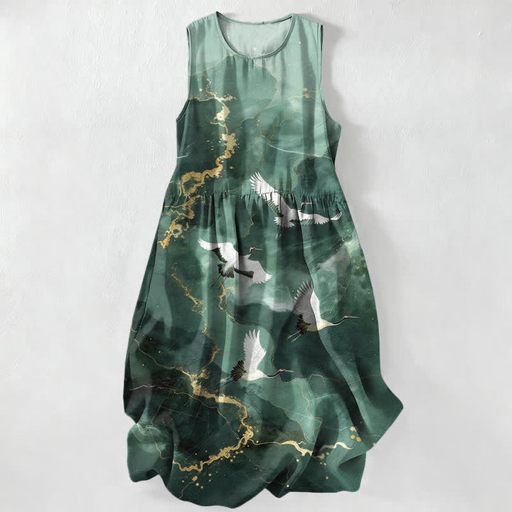 Buddha Stones Vestido midi de verano informal para mujer, color blanco, con estampado de mármol dorado y grullas, sin mangas y con bolsillos. - Verde bosque - US16，UK/AU20，EU48 (3XL) - image 0