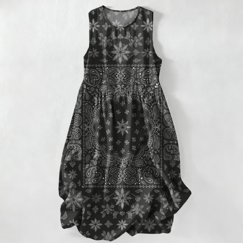 Buddha Stones Vestido midi de verano informal para mujer con estampado floral paisley y bandana, sin mangas y con bolsillos. - Negro - US16，UK/AU20，EU48 (3XL) - image 0