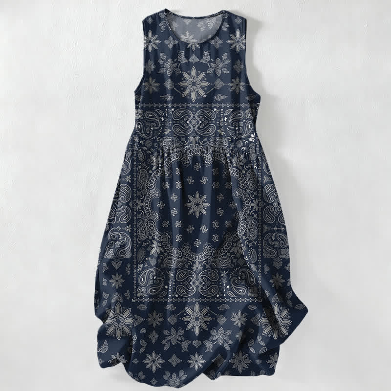 Buddha Stones Vestido midi de verano informal para mujer con estampado floral paisley y bandana, sin mangas y con bolsillos. - Marina de guerra - US16，UK/AU20，EU48 (3XL) - image 4