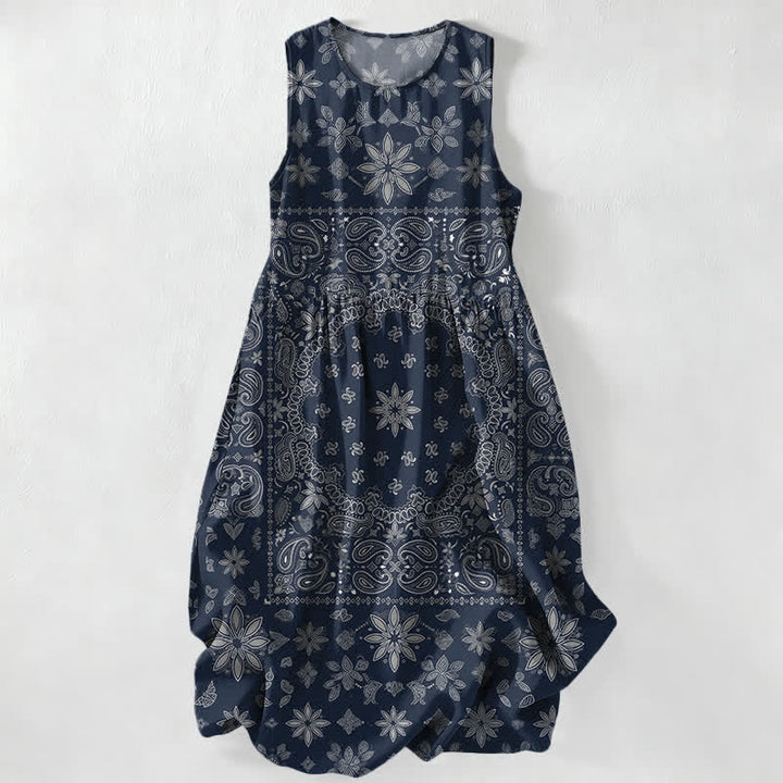 Buddha Stones Vestido midi de verano informal para mujer con estampado floral paisley y bandana, sin mangas y con bolsillos. - Marina de guerra - US16，UK/AU20，EU48 (3XL) - image 4