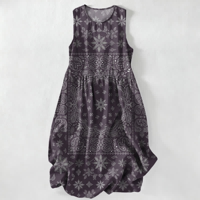 Buddha Stones Vestido midi de verano informal para mujer con estampado floral paisley y bandana, sin mangas y con bolsillos. - Índigo - US16，UK/AU20，EU48 (3XL) - image 5