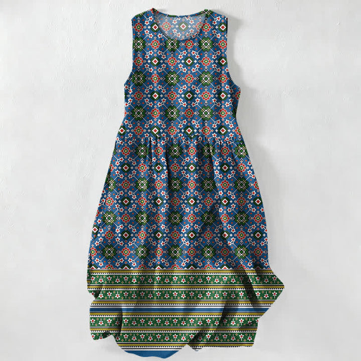 Buddha Stones Vestido midi de verano informal azul con estampado geométrico bohemio y bolsillos para mujer. - Azul oscuro - US16，UK/AU20，EU48 (3XL) - image 0