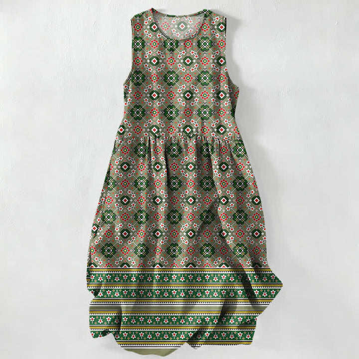 Buddha Stones Vestido midi de verano informal azul con estampado geométrico bohemio y bolsillos para mujer. - Verde mar oscuro - US16，UK/AU20，EU48 (3XL) - image 4