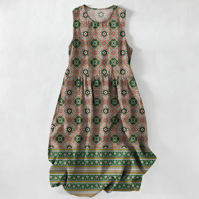 Buddha Stones Vestido midi de verano informal azul con estampado geométrico bohemio y bolsillos para mujer. - Vara de oro oscura - US16，UK/AU20，EU48 (3XL) - image 5