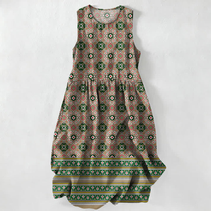 Buddha Stones Vestido midi de verano informal azul con estampado geométrico bohemio y bolsillos para mujer. - Vara de oro oscura - US16，UK/AU20，EU48 (3XL) - image 5