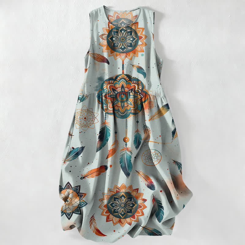Buddha Stones Vestido midi de verano informal bohemio con estampado de mandala y plumas para mujer, sin mangas y con bolsillos. - Celeste - US16，UK/AU20，EU48 (3XL) - image 4
