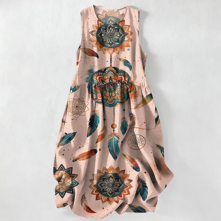 Buddha Stones Vestido midi de verano informal bohemio con estampado de mandala y plumas para mujer, sin mangas y con bolsillos. - Rosa - US16，UK/AU20，EU48 (3XL) - image 5