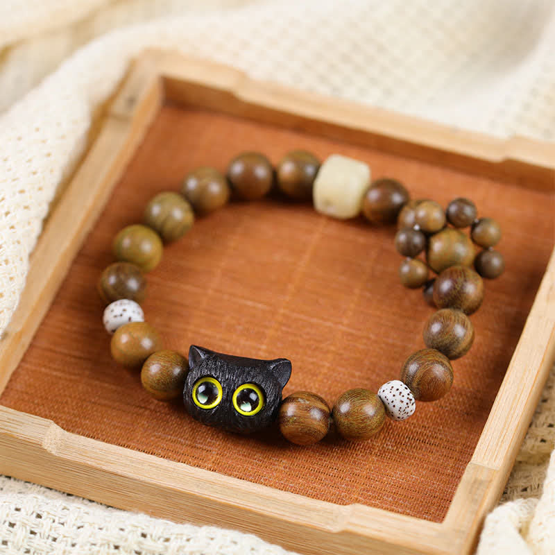 Buddha Stones Pulsera de cuentas de madera de ébano con diseño de gato de la suerte para conectar con la tierra - Gato negro de la suerte - image 0