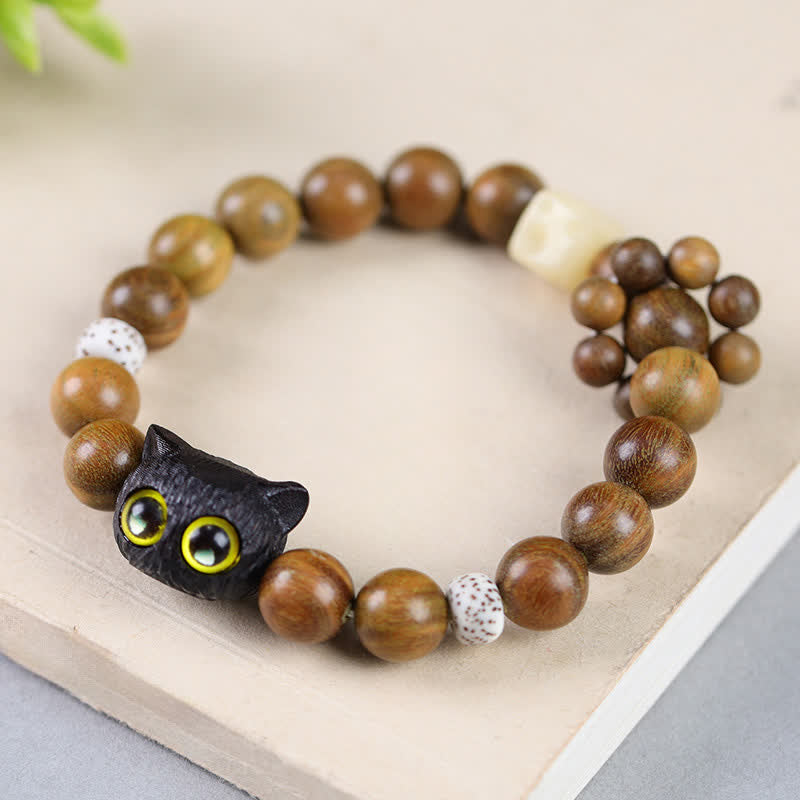 Buddha Stones Pulsera de cuentas de madera de ébano con diseño de gato de la suerte para conectar con la tierra - image 2