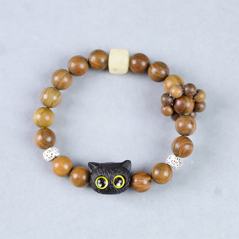 Buddha Stones Pulsera de cuentas de madera de ébano con diseño de gato de la suerte para conectar con la tierra - image 1